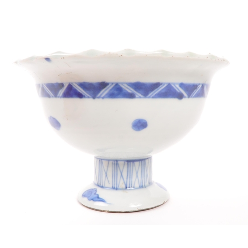 382 - An early 20th Century circa 1920s Chines blue and white tazza bowl painted with blue bamboo decorati... 