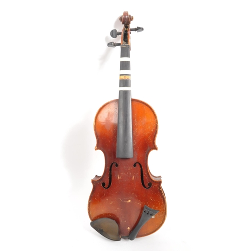 403 - An early 20th Century 3/4 violin musical instrument having two piece back and ebonised fingerboardin... 