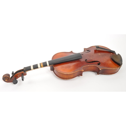 403 - An early 20th Century 3/4 violin musical instrument having two piece back and ebonised fingerboardin... 