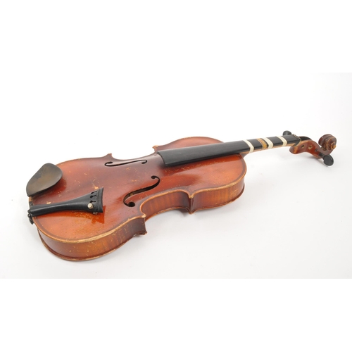 403 - An early 20th Century 3/4 violin musical instrument having two piece back and ebonised fingerboardin... 