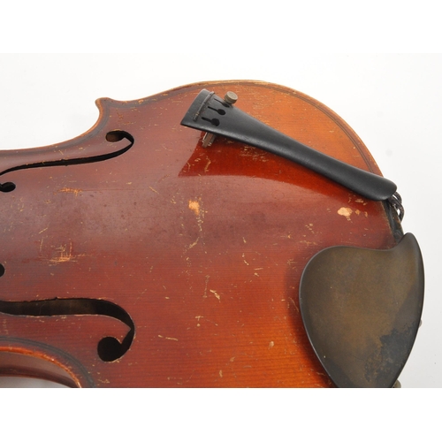 403 - An early 20th Century 3/4 violin musical instrument having two piece back and ebonised fingerboardin... 