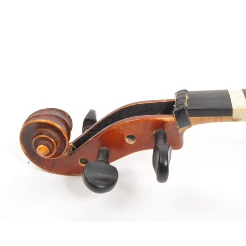 403 - An early 20th Century 3/4 violin musical instrument having two piece back and ebonised fingerboardin... 