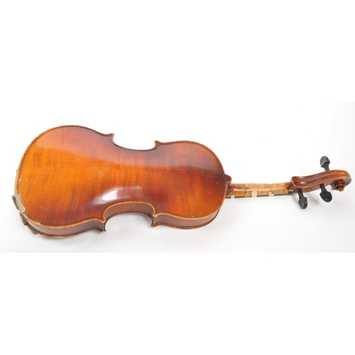 403 - An early 20th Century 3/4 violin musical instrument having two piece back and ebonised fingerboardin... 