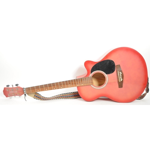 420 - Lindo - A contemporary Lindo acoustic guitar. The guitar having a red body, with black scratch plate... 