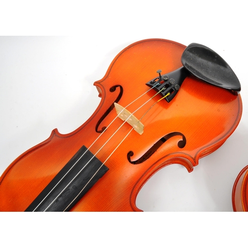 421 - A cased Valentino violin and bow. Together with a Shimro Stradivaro copy violin and bow, complete wi... 