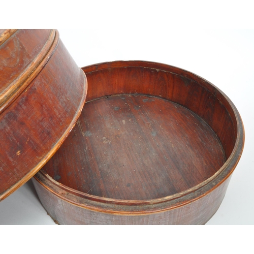 435 - A 19th Century Chinese wooden hat box. Cylindrical box with conical lid cover and chinese symbols on... 