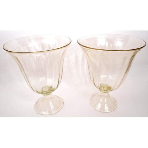 445 - A pair of large 20th century glass vase urns. With a large circular tapering bowl, clear glass with ... 