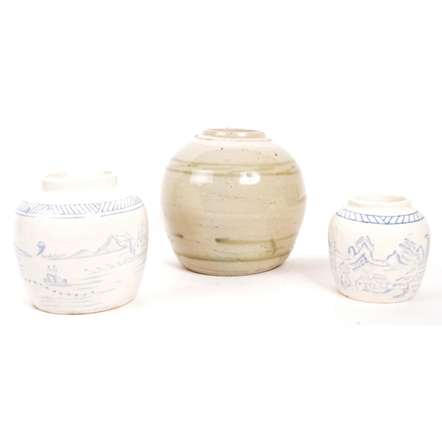 448 - A collection of 20th century three hand made Chinese ceramic glazed ginger jars. Without lids. One s... 