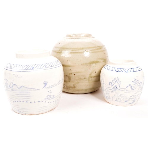 448 - A collection of 20th century three hand made Chinese ceramic glazed ginger jars. Without lids. One s... 