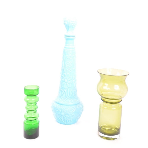 453 - A collection of vintage studio glass pieces comprising x2 emerald green hooped vases and a blue milk... 