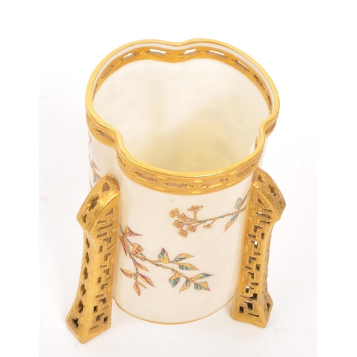 454 - A 19th circa 1890 Century Royal Worcester ' Blush Ivory ' reticulated vase hand painted with gold an... 