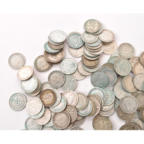 460 - A large collection of 20th century 1920-1947 British .500 silver threepence coins. The collection we... 