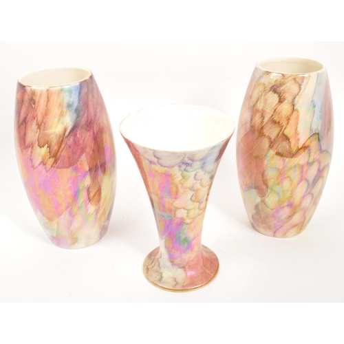 52 - J. Fryer Oldcourt Ware - A set of three 20th Century circa 1970s J. Fryer lustre vases in pink and p... 