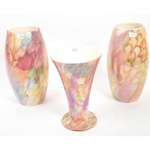 52 - J. Fryer Oldcourt Ware - A set of three 20th Century circa 1970s J. Fryer lustre vases in pink and p... 