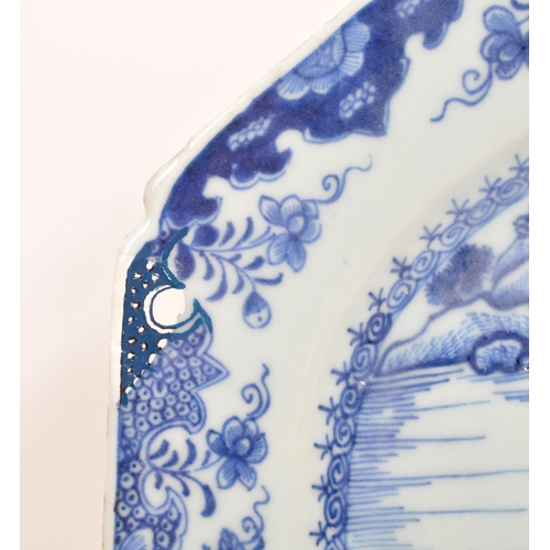 88 - An 18th Century ceramic Chinese blue and white plate portraying oriental scene of lake, bridges, che... 