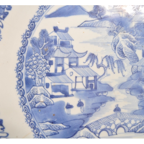 91 - A 19th Century Chinese porcelain blue and white bowl with oriental / willow pattern design to centre... 