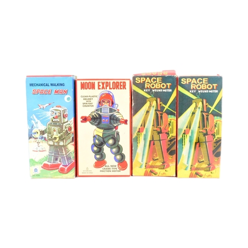 468 - Tinplate Toys - x4 wind up Chinese Space robots, comprising of: x2 Space Robot by Ha Ha Toys, Moon E... 