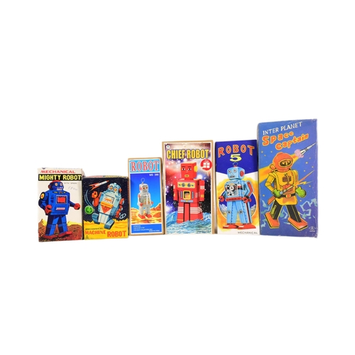 477 - Tinplate Toys - x6 vintage wind-up robots, comprising of; Inter Planet Space Captain, Mechanical Mig... 