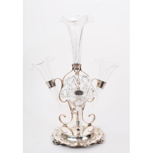 42 - A Victorian 19th century silver plate epergne centre piece vase. With three etched floral funeels, w... 