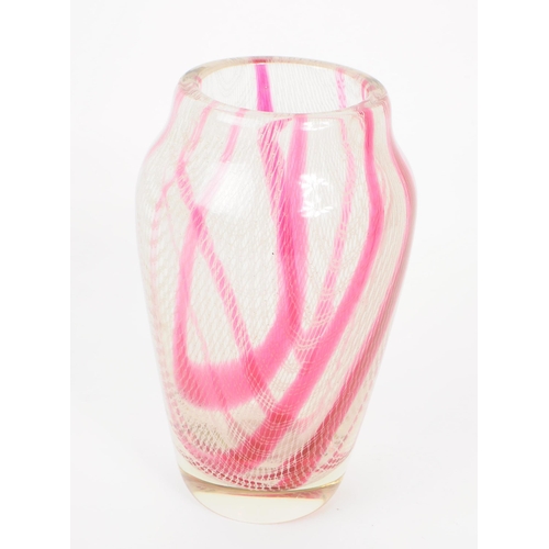 45 - Harrach - Mid 20th century studio art glass vase.  Pink and white decoration, Harrtil range. Designe... 