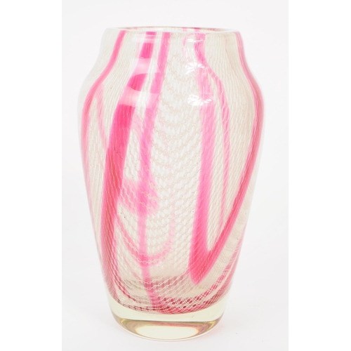 45 - Harrach - Mid 20th century studio art glass vase.  Pink and white decoration, Harrtil range. Designe... 