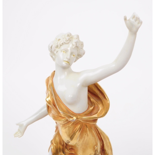 55 - Capodimonte - A 1900s gilt gold Greek Goddess woman porcelain lady figure. Semil nude with arm outst... 