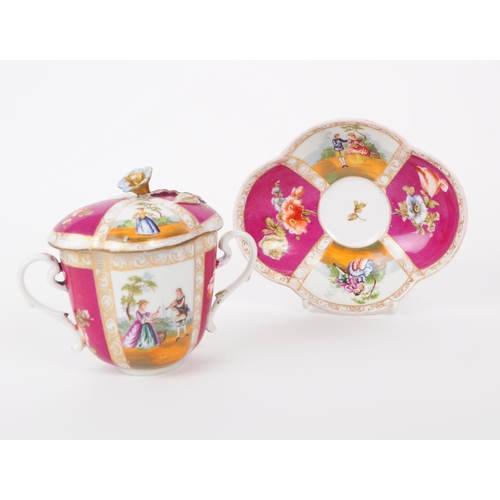 58 - Helena Wolfsohn - A late 19th century Helena Wolfsohn Dresden porcelain lidded chocolate cup and sau... 