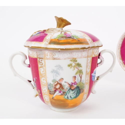 58 - Helena Wolfsohn - A late 19th century Helena Wolfsohn Dresden porcelain lidded chocolate cup and sau... 