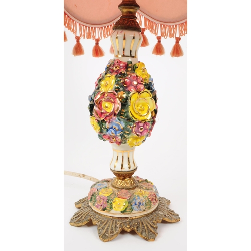 61 - An early 20th century Italian porcelain table lamp light. Having a gilt foliate base, with hand pain... 