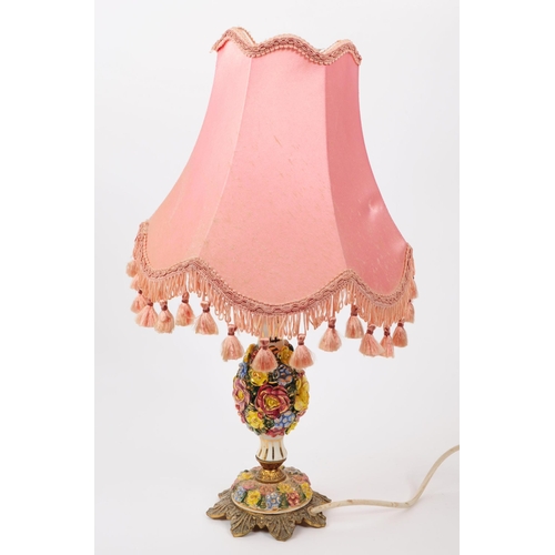 61 - An early 20th century Italian porcelain table lamp light. Having a gilt foliate base, with hand pain... 