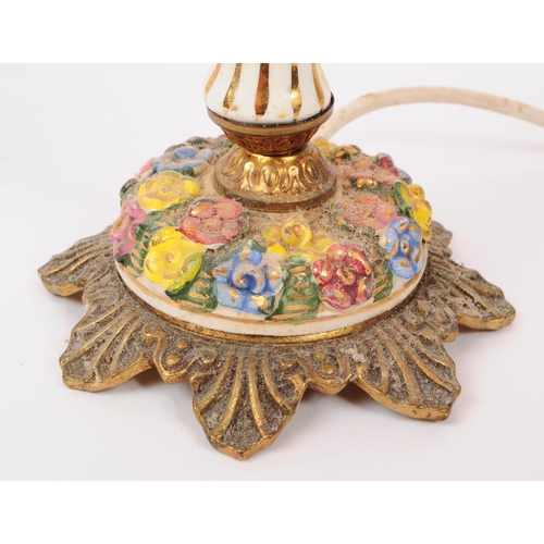 61 - An early 20th century Italian porcelain table lamp light. Having a gilt foliate base, with hand pain... 