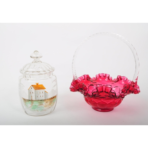 65 - Fenton - Two Victorian 19th century glass ware. Including a hand-painted clear glass biscuit barrel ... 