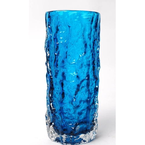 69 - Whitefriars - Mid century studio art glass vase. Bark vase in Kingfisher blue. Cylindrical form with... 