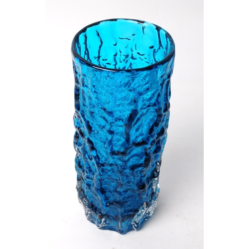 69 - Whitefriars - Mid century studio art glass vase. Bark vase in Kingfisher blue. Cylindrical form with... 