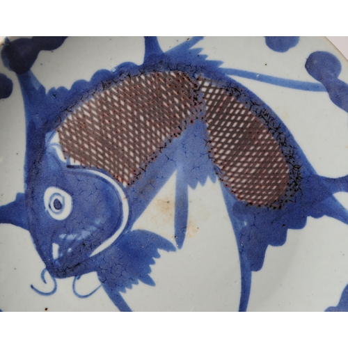 74 - A 19th century Chinese blue and white fish algae display plate. Depicting a leaping carp on a cerami... 