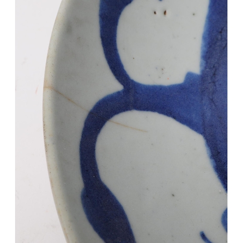 74 - A 19th century Chinese blue and white fish algae display plate. Depicting a leaping carp on a cerami... 