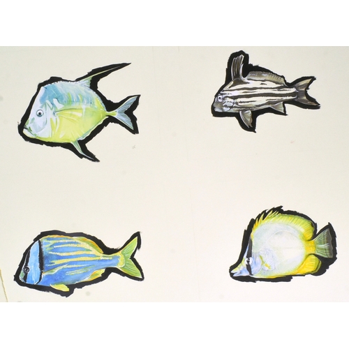 148 - Former Bristol Zoo Gardens - four pieces of original mixed media fish artwork, portraying many kinds... 