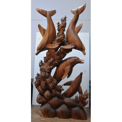 180 - Former Bristol Zoo Gardens - a large 20th century carved hardwood sculpture display of a dolphin pod... 