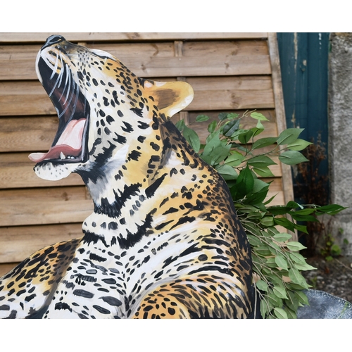 232 - Former Bristol Zoo Gardens - a wooden leopard standee, with added plastic foliage. Hand painted, wit... 