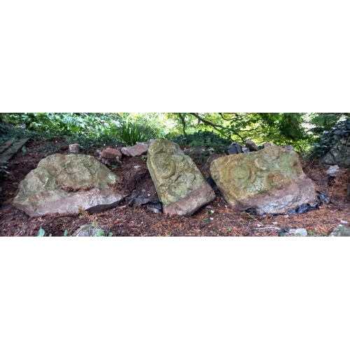 249 - Former Bristol Zoo Gardens - a collection of three large sandstone Ammonite fossils / carvings, as d... 