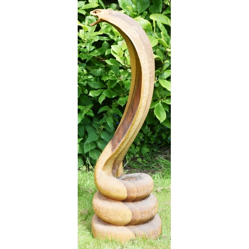 38 - Former Bristol Zoo Gardens - a large mid-century carved wooden sculpture of an Asian King Cobra snak... 