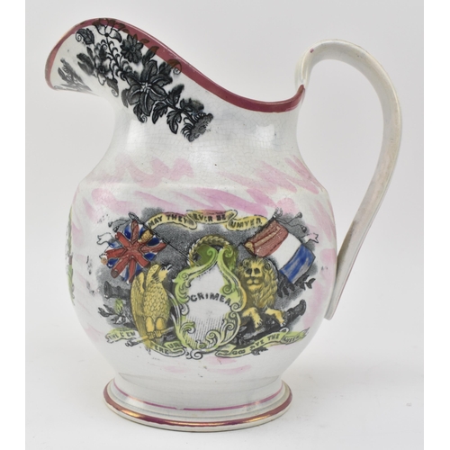 119 - A mid 19th century Victorian Sunderland lustre ware jug / ewer. The ewer with pink painted rim &... 