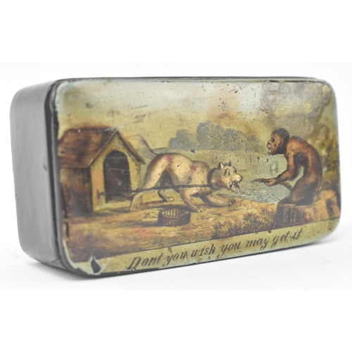 123 - An early 19th century pictorial papier mache snuff box printed with a scene of a dog in a kennel bei... 