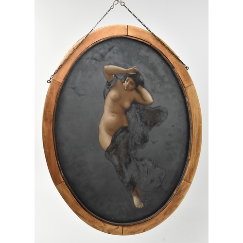 126 - An early 20th century Art Nouveau Pre Raphaelite reverse glass painting of a nude lady. The lady on ... 