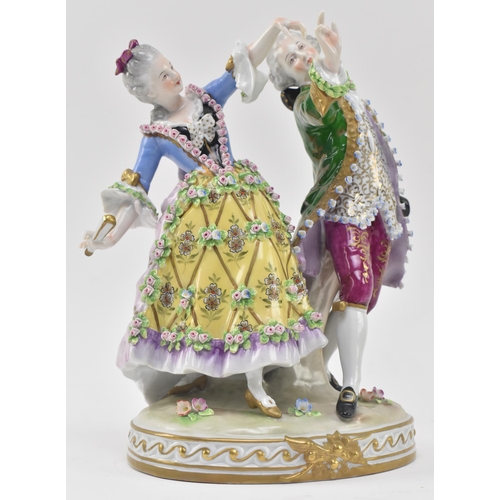 127 - Sitzendorf - an early 20th century porcelain figural group depicting a Regency couple dancing. Each ... 