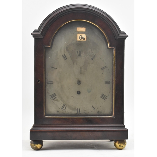 128 - A late 18th century single fusee mantle clock. The clock cased in flame mahogany, with steel engrave... 