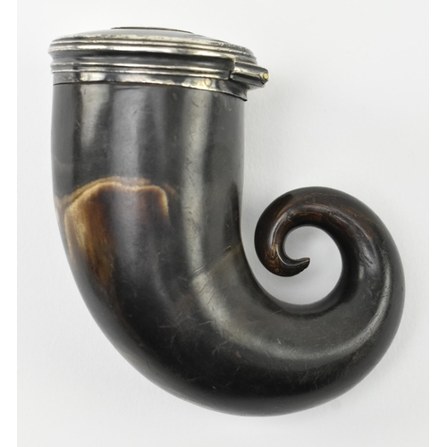 13 - An early 19th century Scottish horn snuff mull. The mull with curled end, featuring white metal and ... 