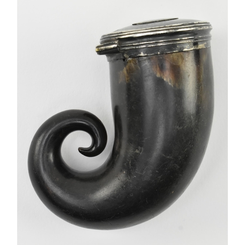 13 - An early 19th century Scottish horn snuff mull. The mull with curled end, featuring white metal and ... 