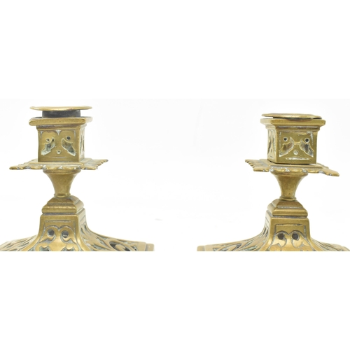 139 - A pair of mid 19th century believed French gothic style brass pierced night lights / candlesticks. E... 