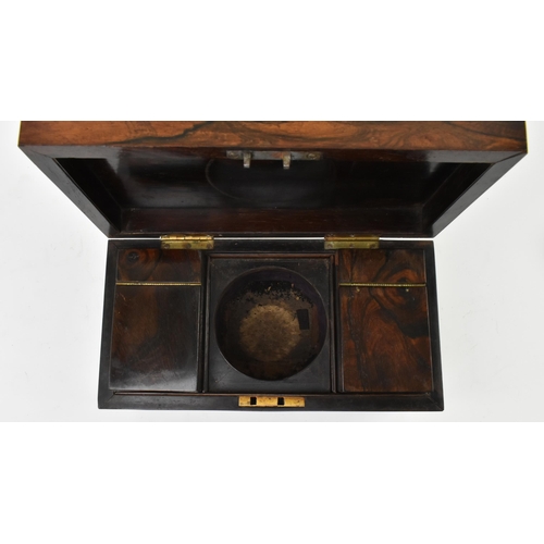 145 - An early 19th century rosewood tea caddy box of rectangular form. The hinged cover opening to reveal... 